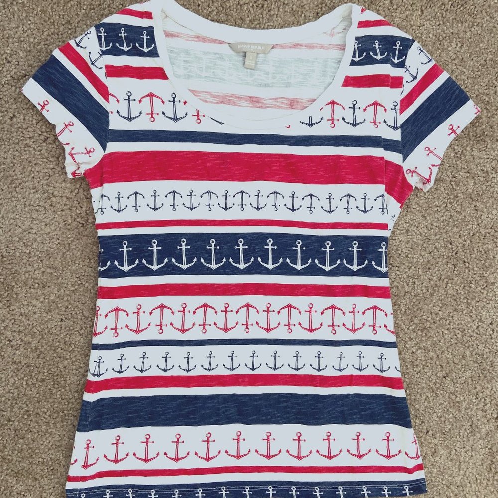 Patriotic Nautical Banana Republic Red White and Blue Anchor Tee